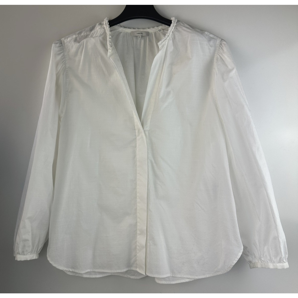 Vince Women's Braid Trim Band Collar Blouse White Button up Top Deep V-Neck XL - Picture 15 of 16